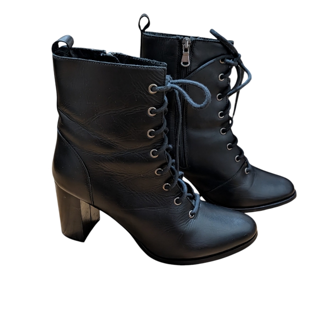 Fabianelli Black Leather Heeled Boots Women 39 Lace Up Zipper